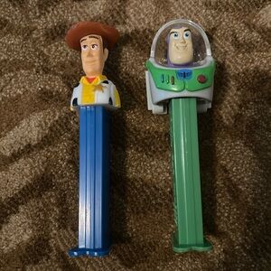 Toy Story Buzz Lightyear and Wood Pez dispensers.